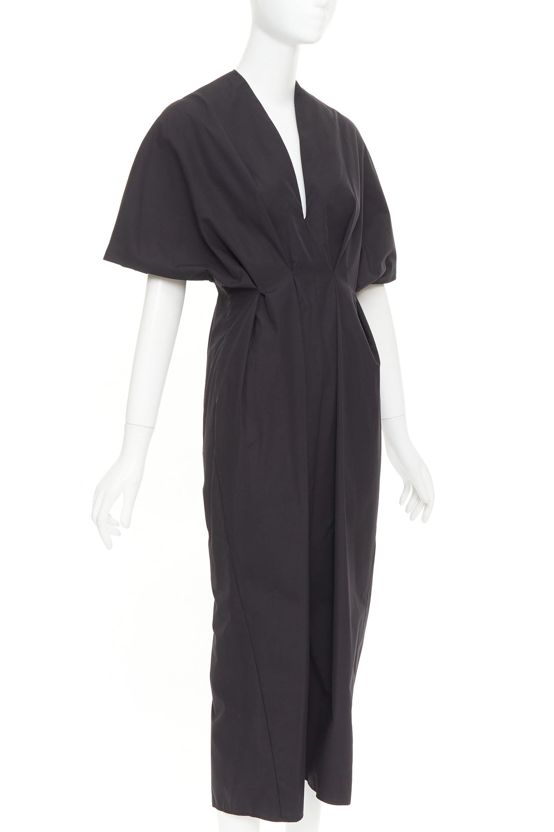 ESME VIE black cotton poplin V neck short cape sleeve pleated midi dress FR38 M