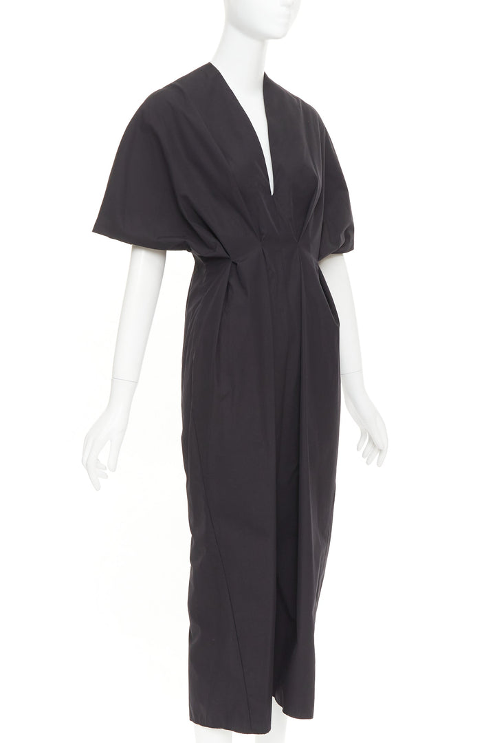 ESME VIE black cotton poplin V neck short cape sleeve pleated midi dress FR38 M