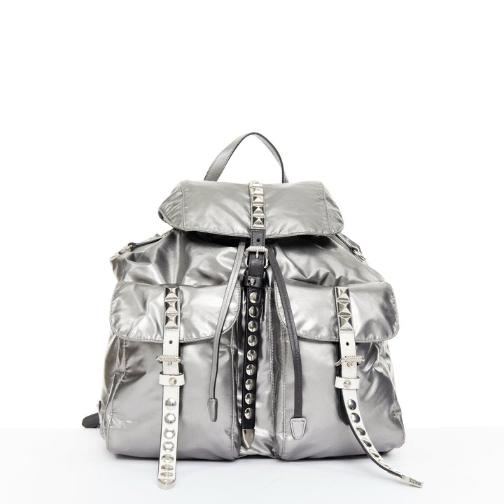 PRADA 2018 Runway New Vela metallic punk studded leather strap nylon backpack