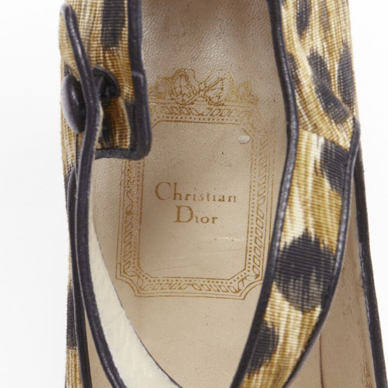 CHRISTIAN DIOR Vintage brown leopard print fabric ankle strap pump EU36.5