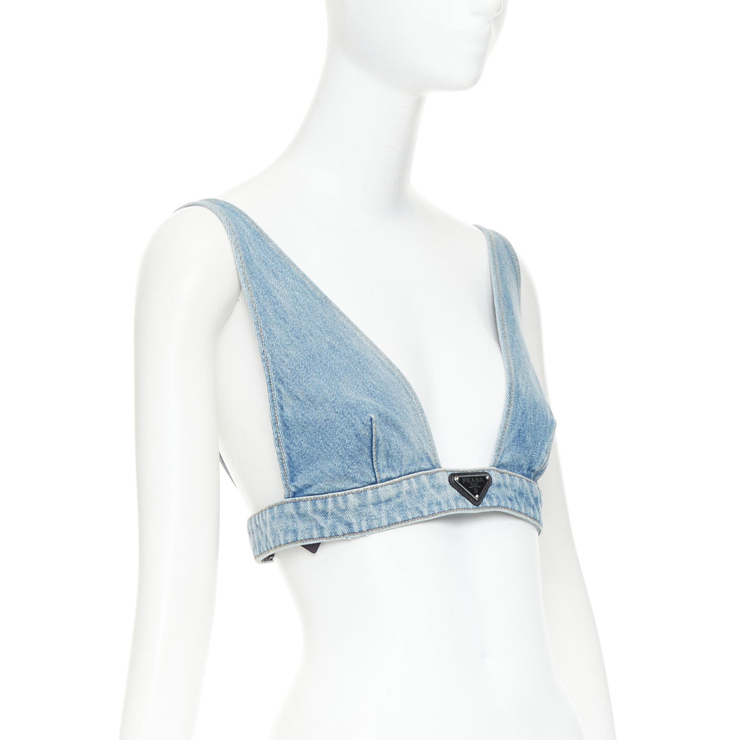 PRADA 2021 Organic Denim Bralette blue washed triangle logo plunge top IT40 S