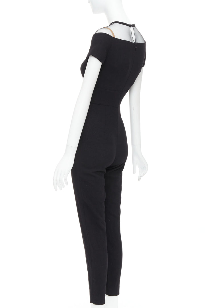 LA PERLA black crepe wool blend sheer plunge jumpsuit IT36D S