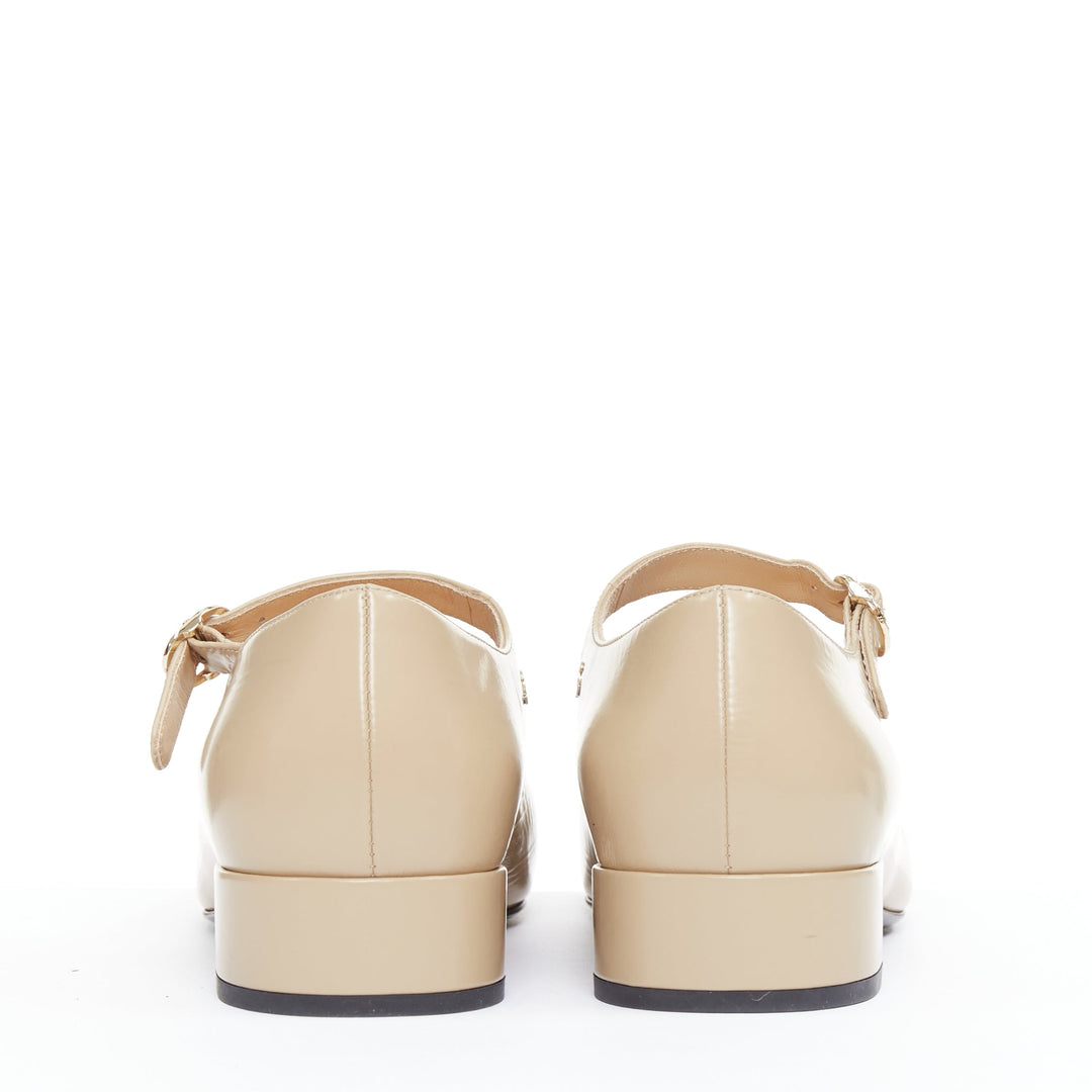 CHANEL 2024 beige leather black cap toe CC block heel mary jane flats EU39.5