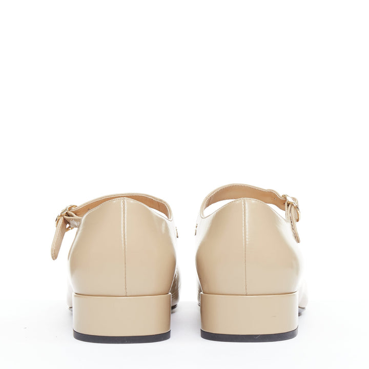 CHANEL 2024 beige leather black cap toe CC block heel mary jane flats EU39.5