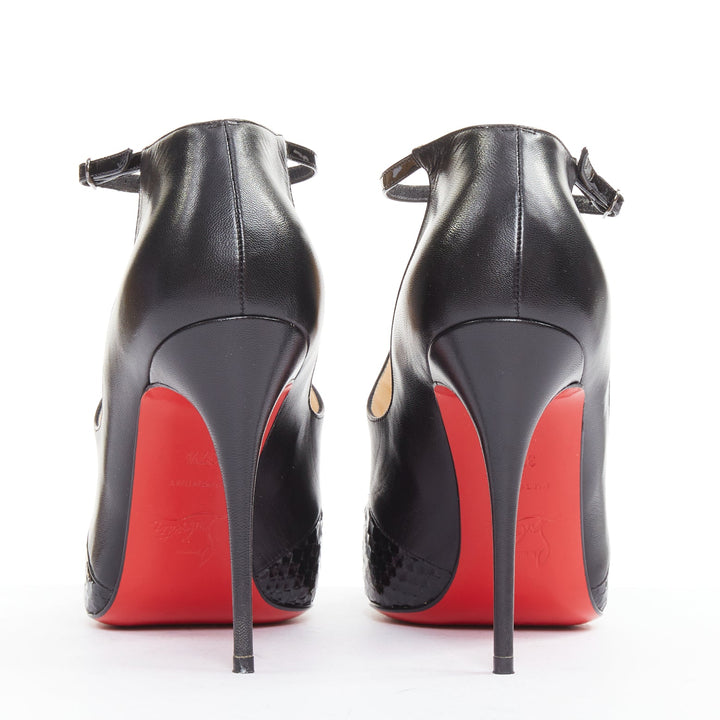 CHRISTIAN LOUBOUTIN Dictata 100 black polished scaled toe T-strap pumps EU37.5