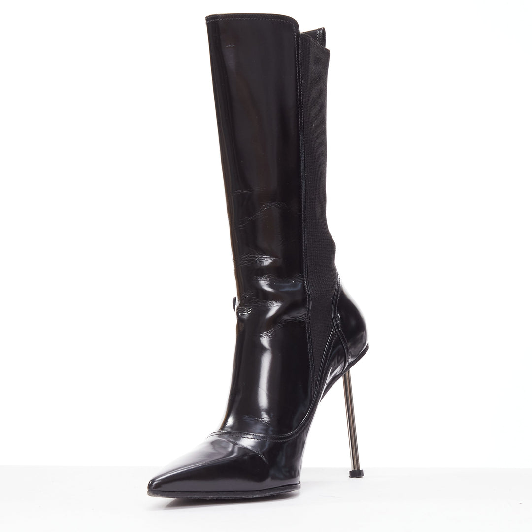 ALEXANDER MCQUEEN Victorian black leather silver pin heel pointy boots EU38