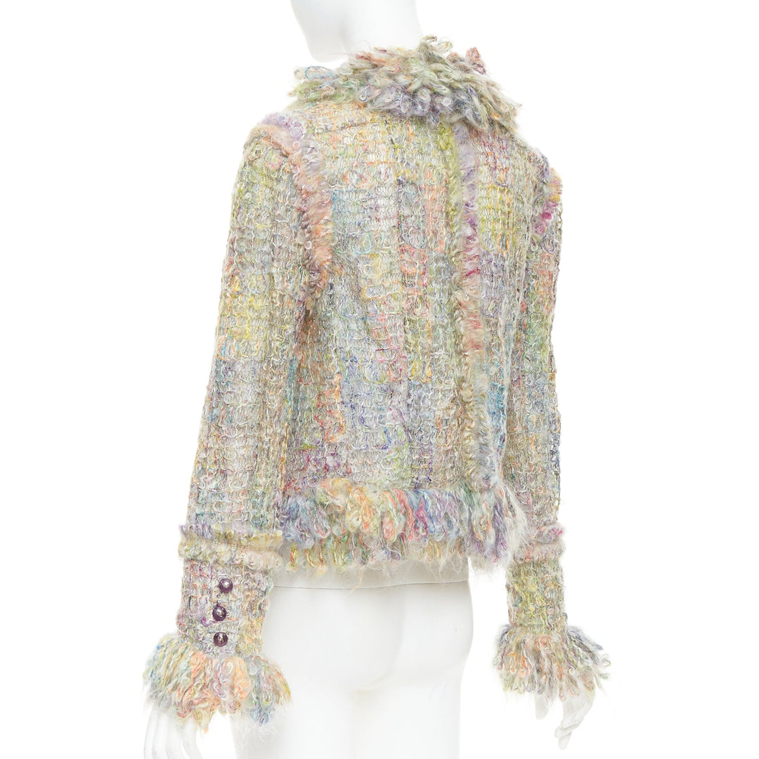 rare CHANEL 03A Runway multicolor fluffy mohair boucle tweed jacket FR42 XL