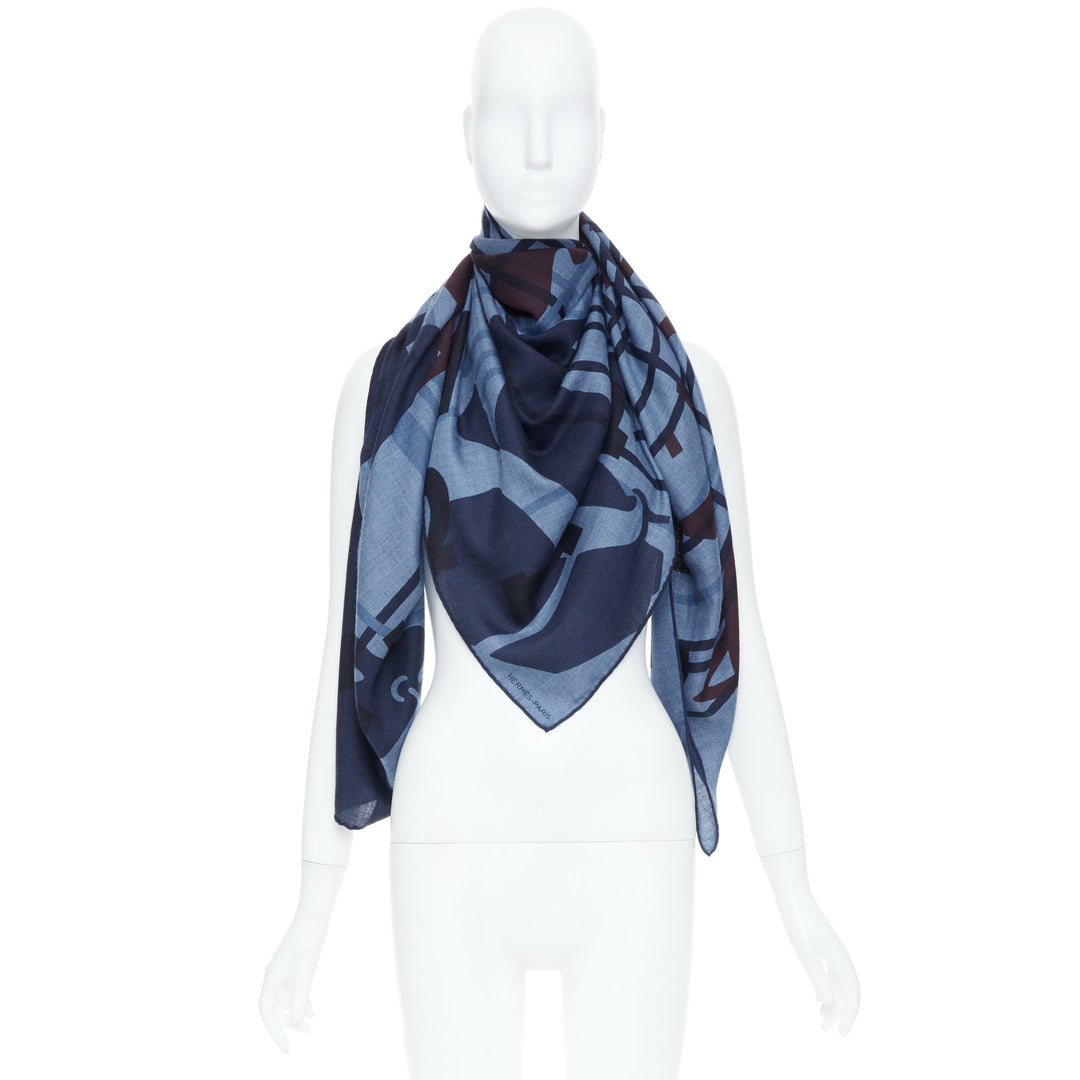 HERMES Imprimeur Fou Brides et Frontaux 140cm navy printed cashmere silk shawl