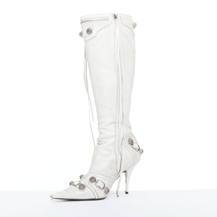 BALENCIAGA Cagole 100 white moto stud textured leather studded tall boots EU38