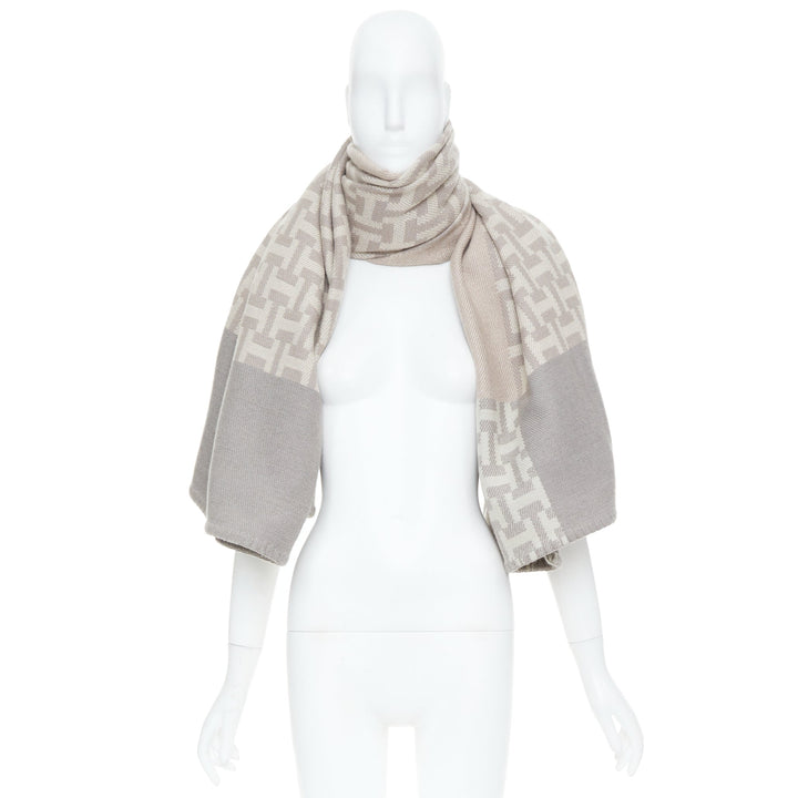 HERMES Avalon Nepal grey intarsia monogram logo knit wool cashmere blanket scarf