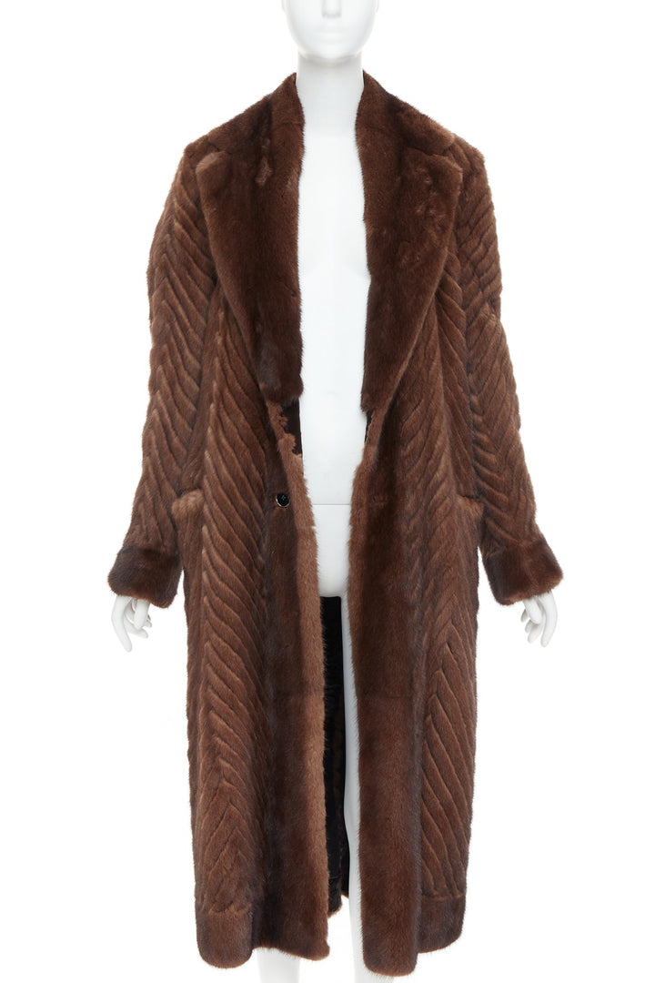 DOLCE GABBANA Alta Sartoria brown chevron cut mink fur silk lined coat IT34 XXS