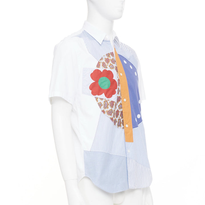JUNYA WATANABE MAN blue checkered striped patchwork short sleeve button shirt M