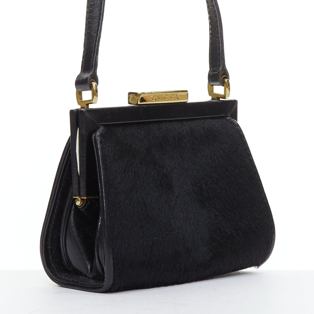 GUCCI Vintage Old Haroco black pony hair gold logo frame crossbody mini bag