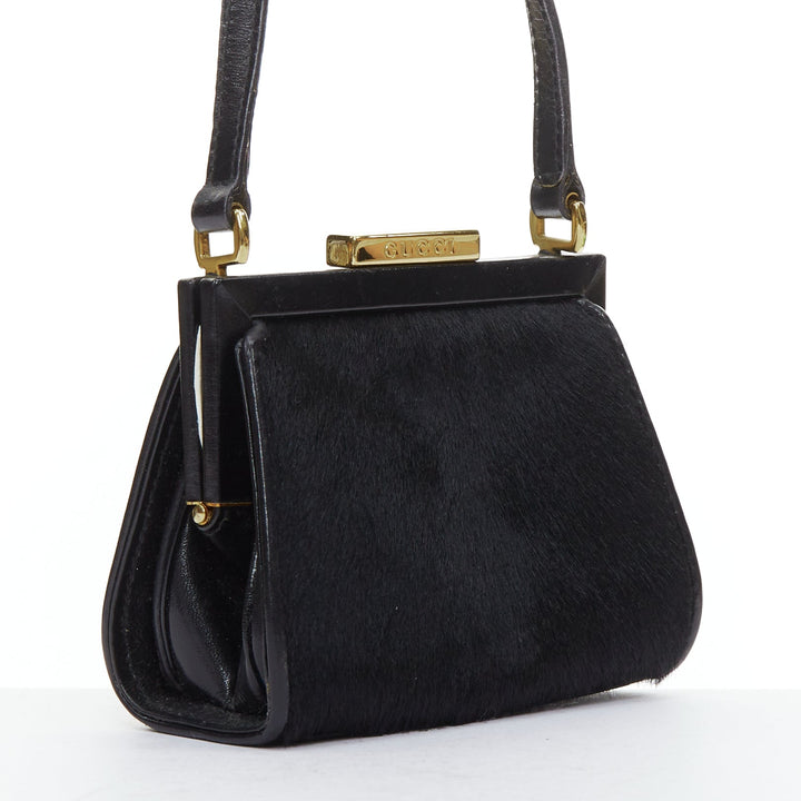 GUCCI Vintage Old Haroco black pony hair gold logo frame crossbody mini bag