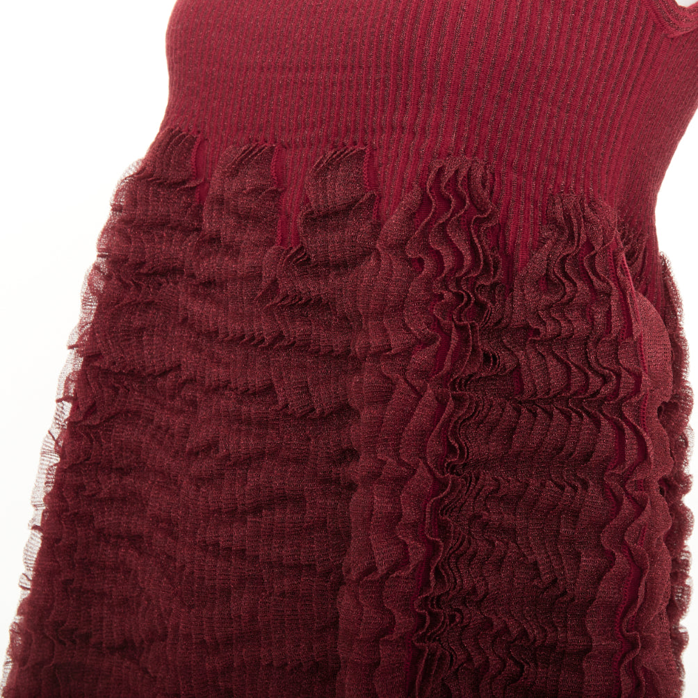 ALAIA burgundy ribbed tiered ruffle wool blend peplum top FR36 S