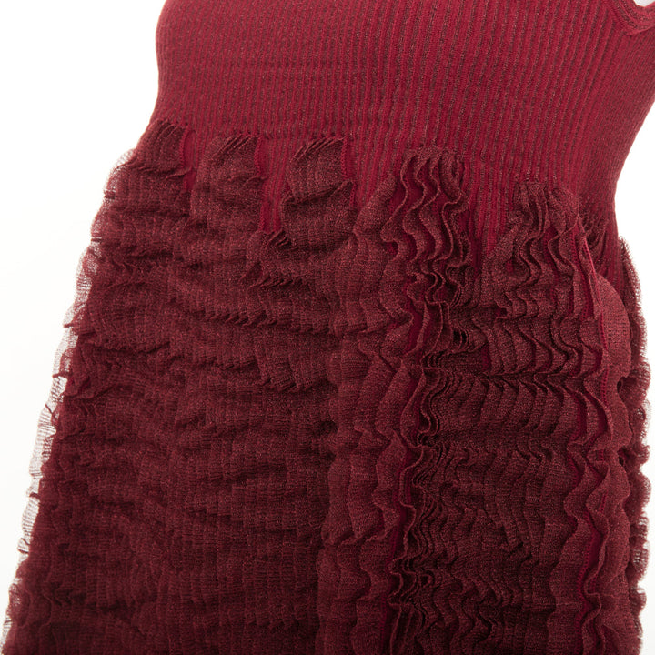 ALAIA burgundy ribbed tiered ruffle wool blend peplum top FR36 S