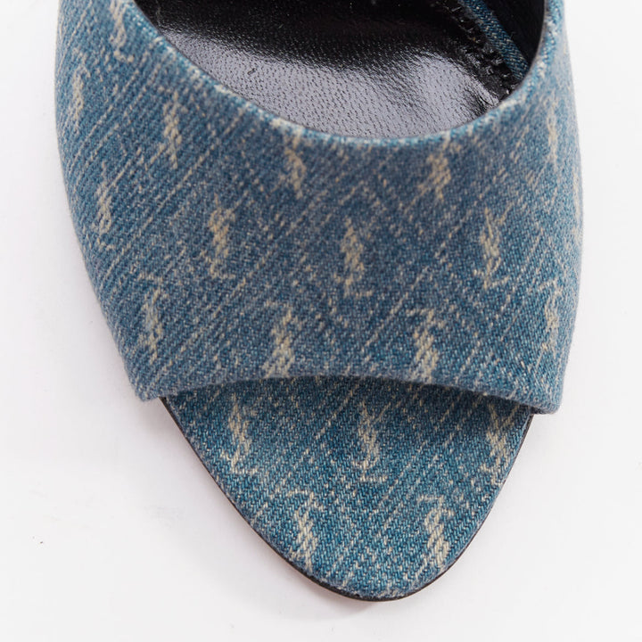 SAINT LAURENT La 16 Mules Cassandre Denim blue YSL monogram sandal heels EU37.5