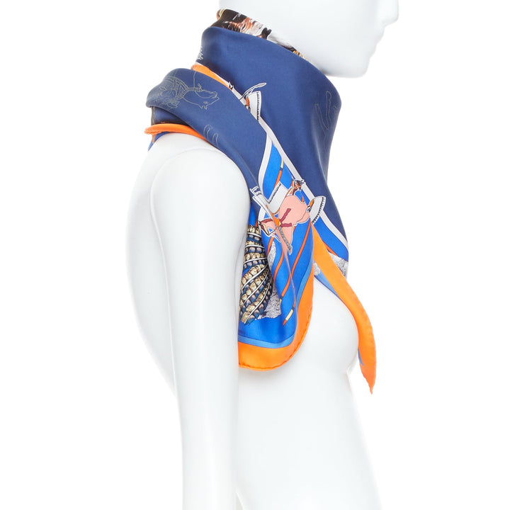 HERMES Pani La Shar Pawnee 90 Silk Twill orange royal blue square scarf