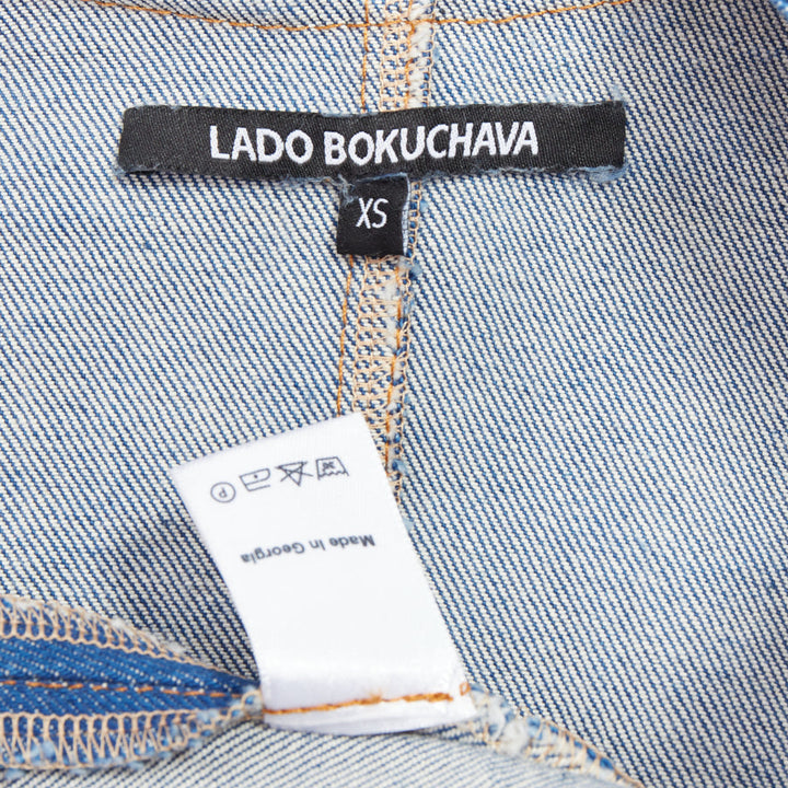 LADO BAKUCHAVA blue distressed shredded denim tie front jacket XS