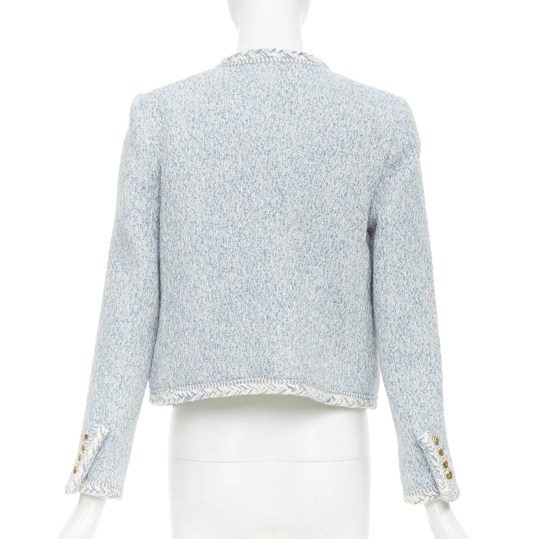 CELINE 2023 baby blue white wool cotton boucle tweed trim jacket FR36 S