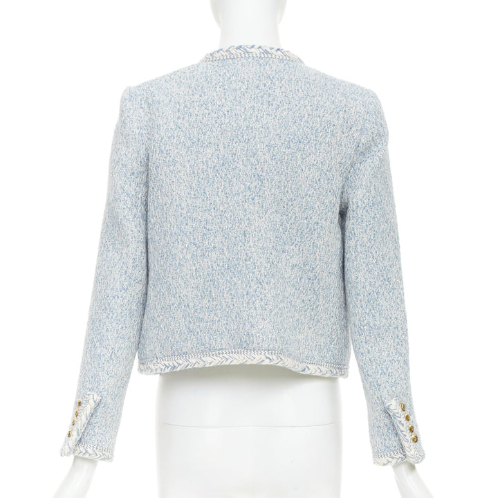 CELINE 2023 baby blue white wool cotton boucle tweed trim jacket FR36 S