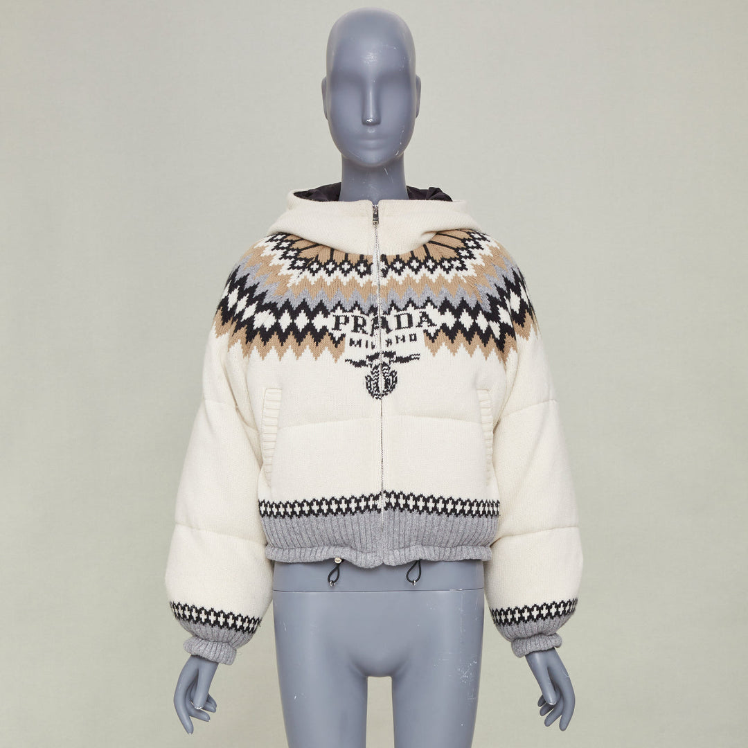 PRADA 2021 On Ice Jacquard Intarsia Logo ivory wool blend puffer jacket IT42 M