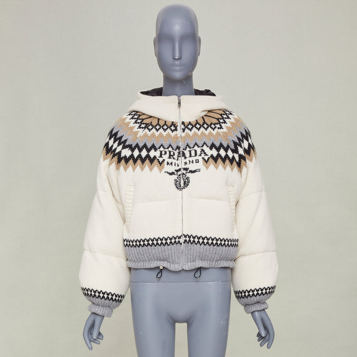 PRADA 2021 On Ice Jacquard Intarsia Logo ivory wool blend puffer jacket IT42 M