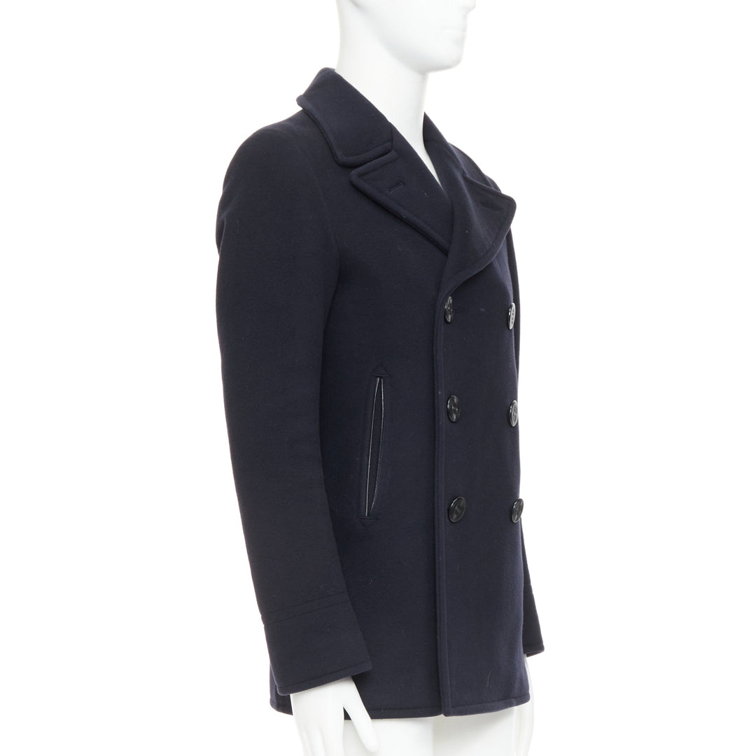 TOM FORD navy 100% wool leather trim double breasted pea coat IT48 M
