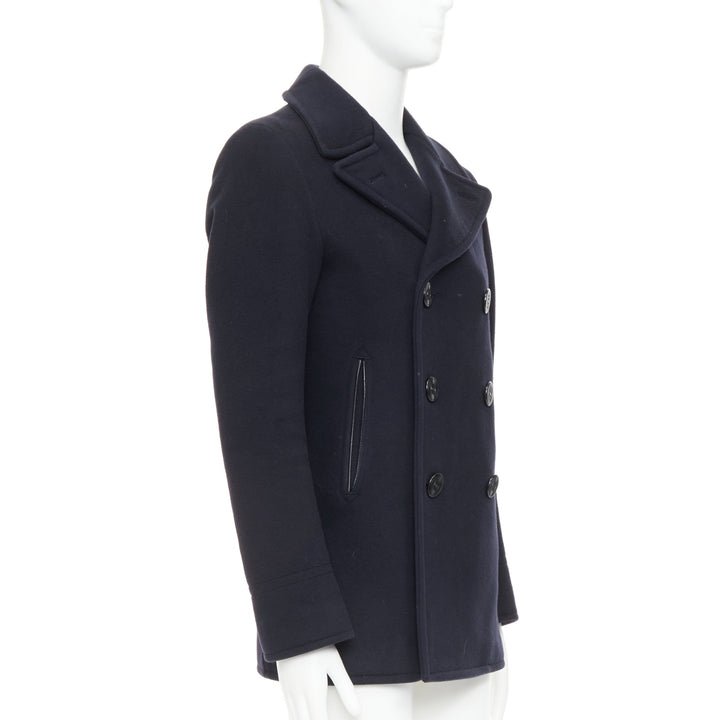 TOM FORD navy 100% wool leather trim double breasted pea coat IT48 M