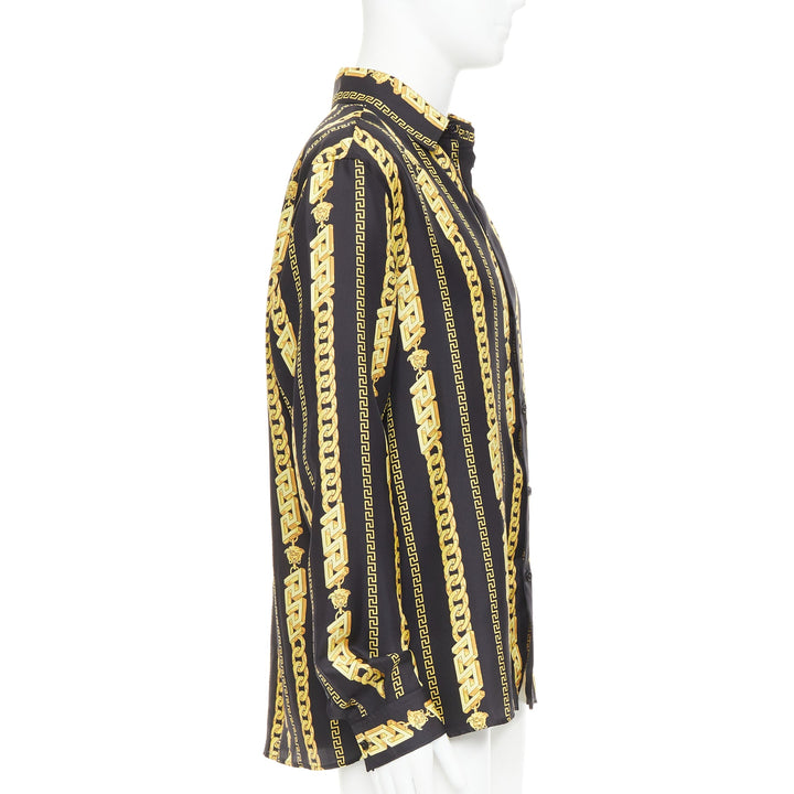 VERSACE 100% silk black gold Medusa Chains cuban link printed shirt IT54 XXL