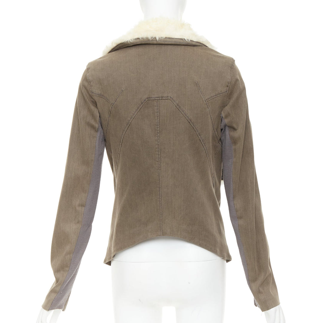 HELMUT LANG cream lambskin fur collar brown cotton blend flare jacket M