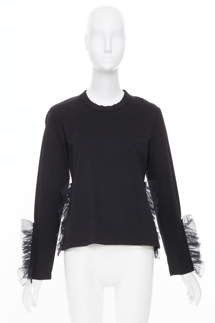 NOIR KEI NINOMIYA 2022 black cotton tulle ruffle trim side cutout blouse shirt M