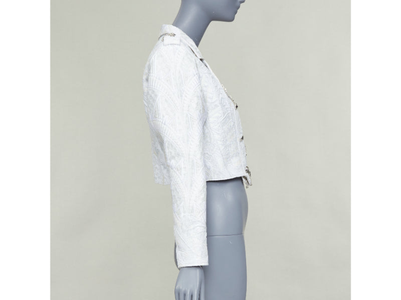 LOUIS VUITTON 2020 Runway ivory silver brocade military crop biker jacket FR36 S