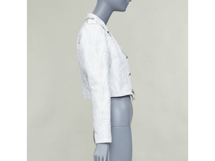 LOUIS VUITTON 2020 Runway ivory silver brocade military crop biker jacket FR36 S