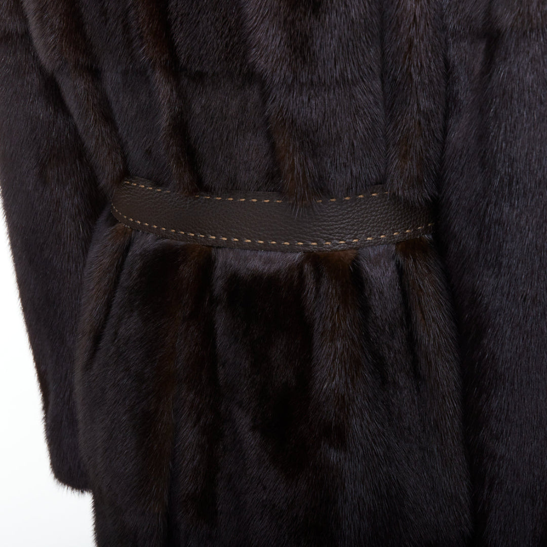 FENDI brown genuine fur Selleria double breasted belted coat IT48 M