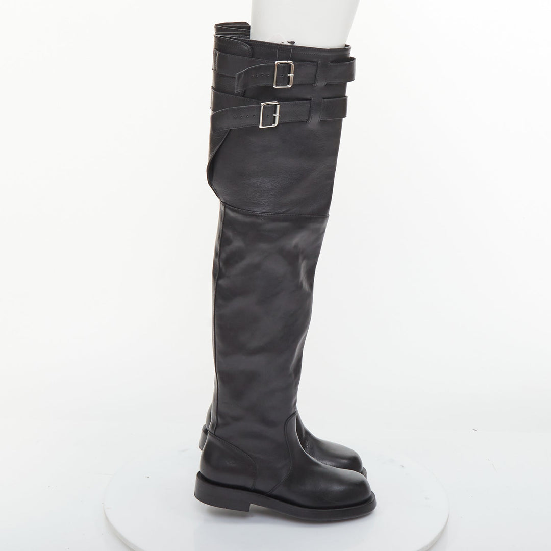 ANN DEMEULEMEESTER black leather silver multi buckles over the knee boots EU38