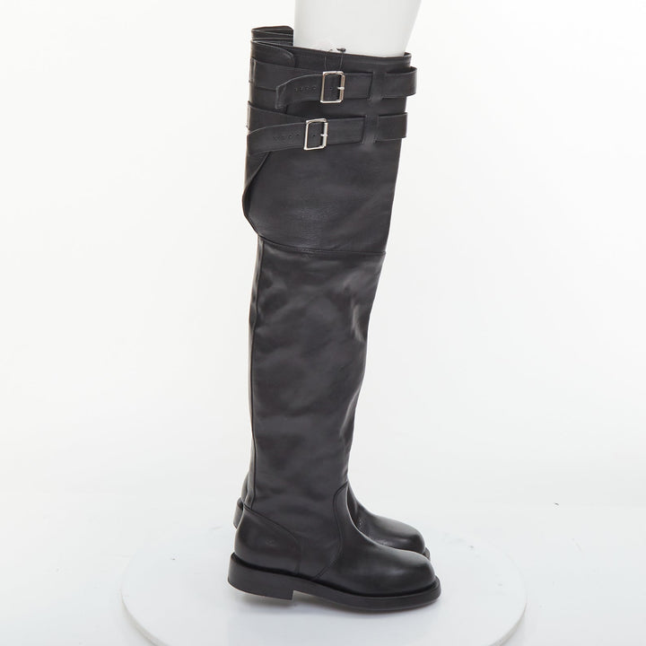 ANN DEMEULEMEESTER black leather silver multi buckles over the knee boots EU38