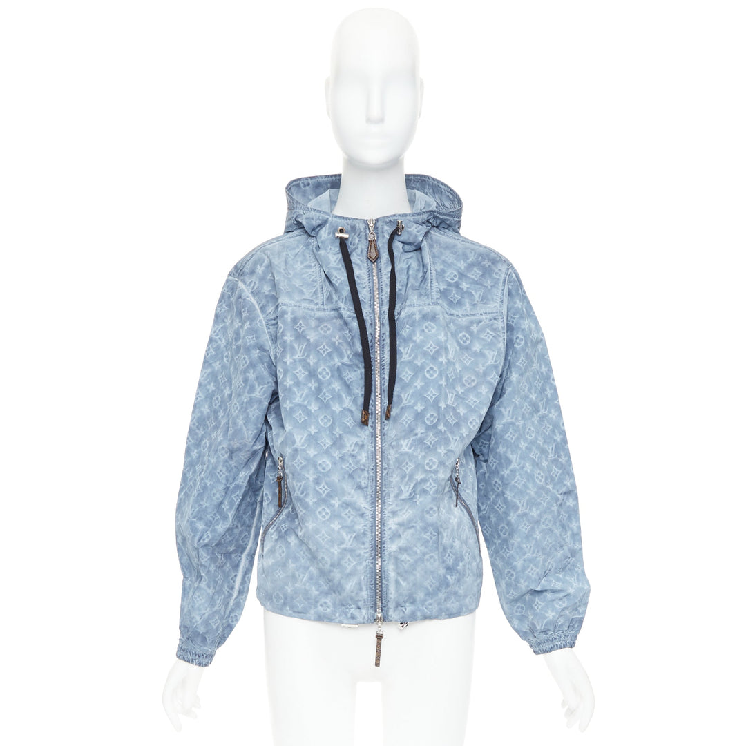 LOUIS VUITTON blue washed monogram print hooded zip anorak jacket FR38 M