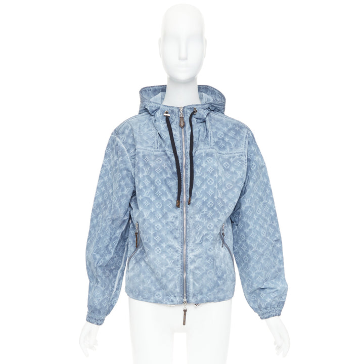 LOUIS VUITTON blue washed monogram print hooded zip anorak jacket FR38 M