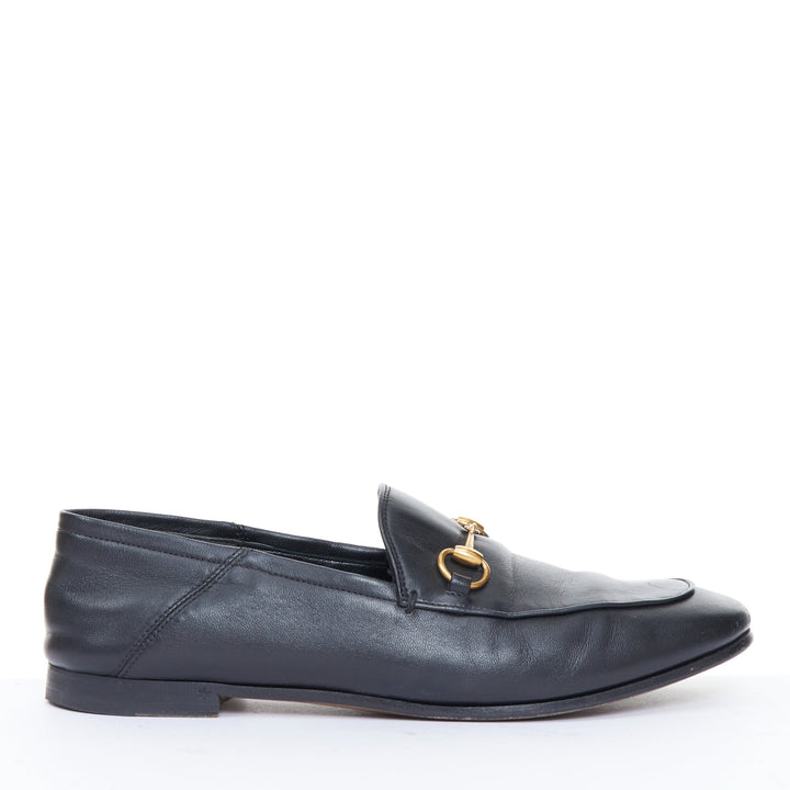 GUCCI Brixton black soft leather collapsible heel horsebit flat loafers EU38