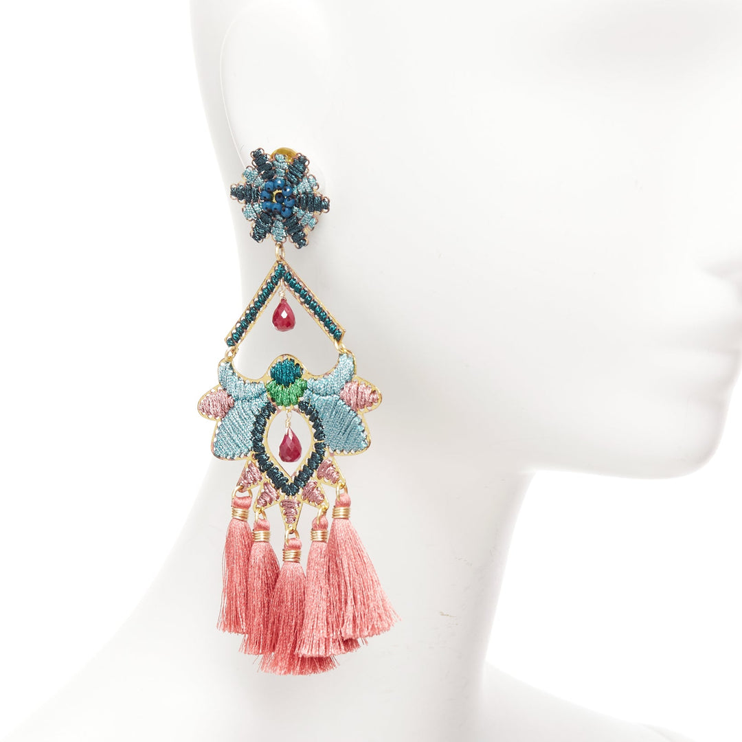 MERCEDES SALAZAR pink tassel green metallic applique clip on earrings Pair