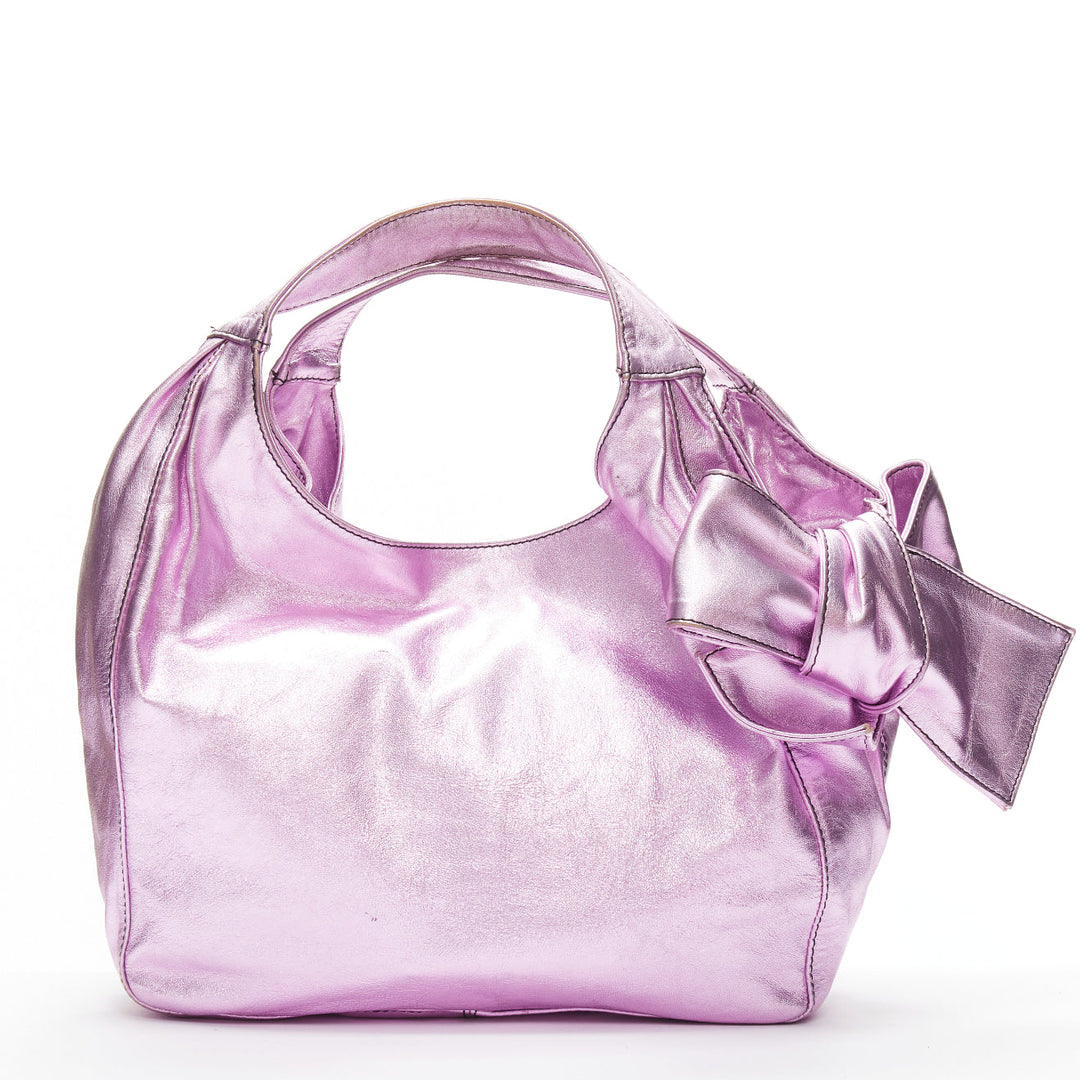 VALENTINO GARAVANI metallic purple leather bow detail hobo tote bag