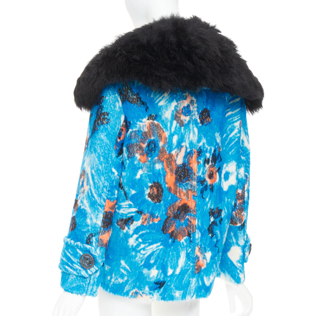 PRADA 2017 Runway blue alpaca wool abstract floral fur collar pea coat IT36 XS