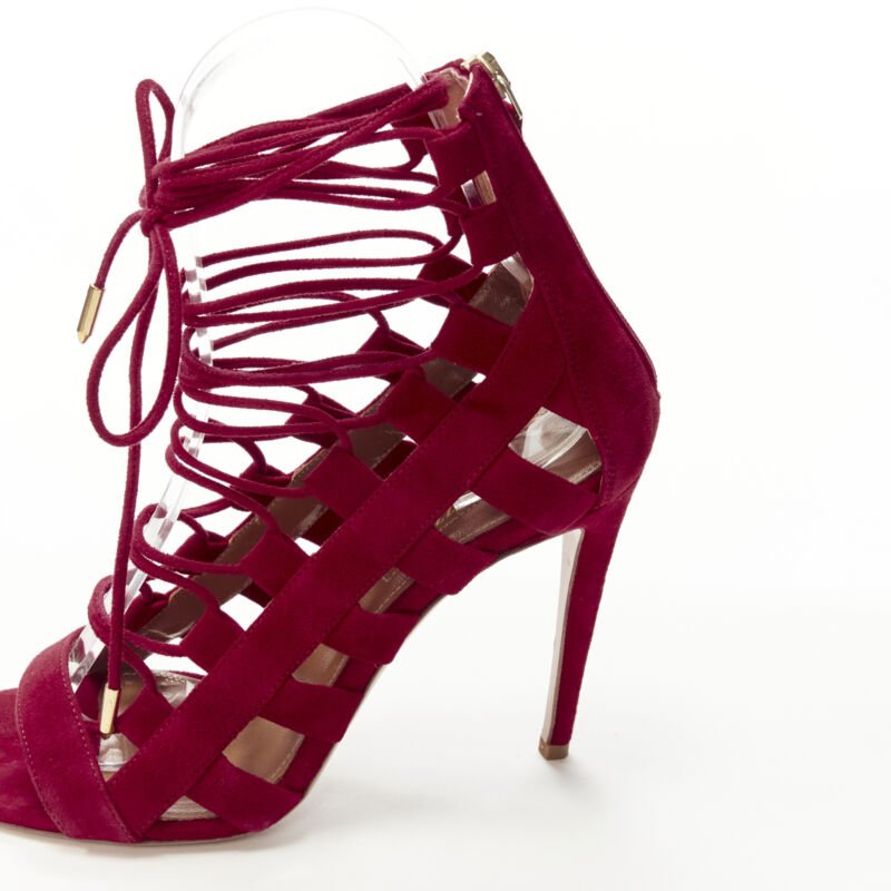 AQUAZZURA Amazon dark red suede lace up sandals high heels EU38