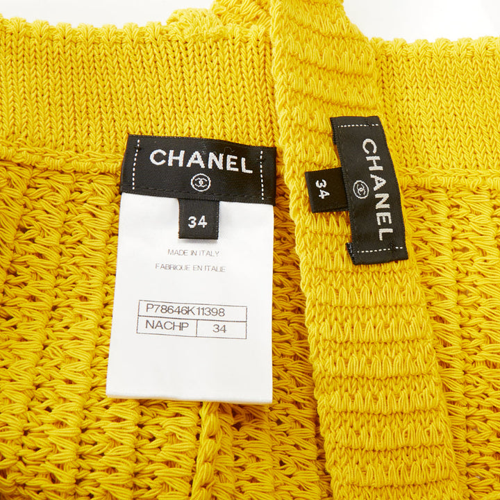 CHANEL 25C Runway yellow textured openwork knit belted shorts FR34 XS