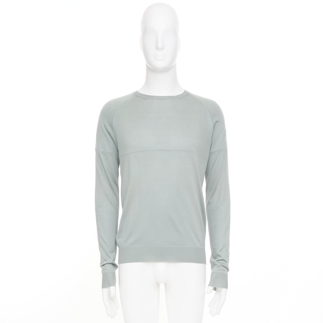 PRADA sage green grey panelled fine knit silk crewneck pullover sweater IT48 M