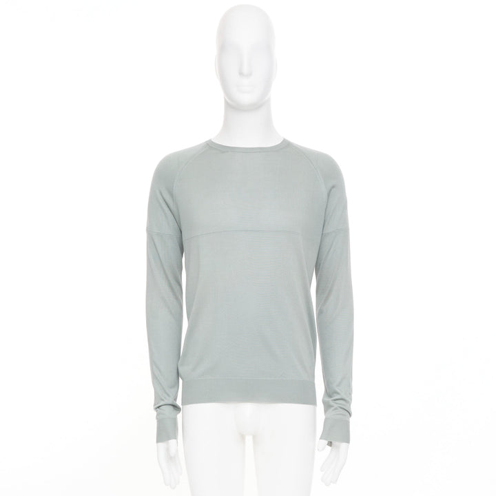 PRADA sage green grey panelled fine knit silk crewneck pullover sweater IT48 M