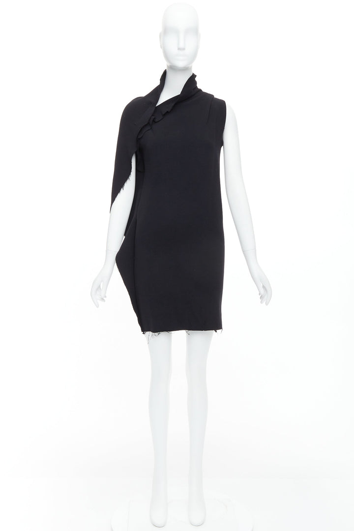 LANVIN 2010 black wool asymmetric zip drape mini dress FR36 S