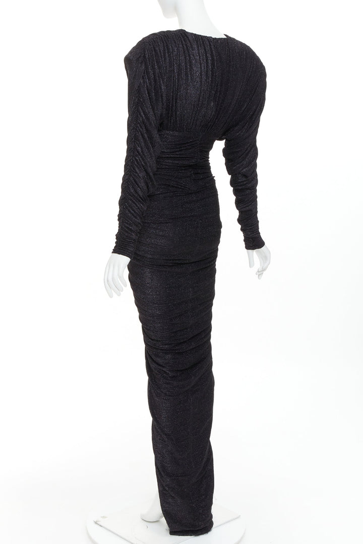 ALEXANDRE VAUTHIER black metallic lurex Power shoulder padded draped slit gown