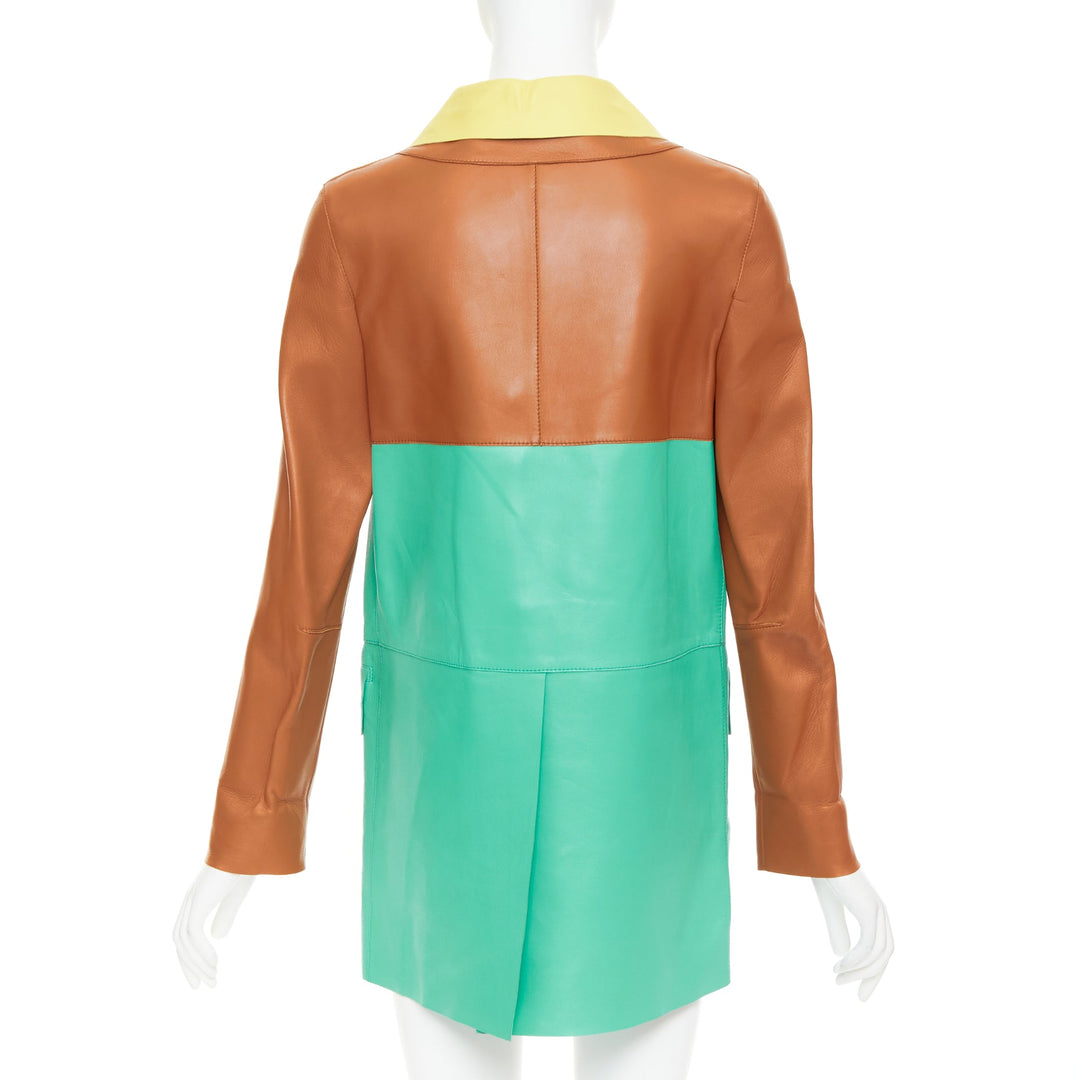 MARNI SS2015 yellow tan turquoise colorblocked lambskin leather coat IT38 XS